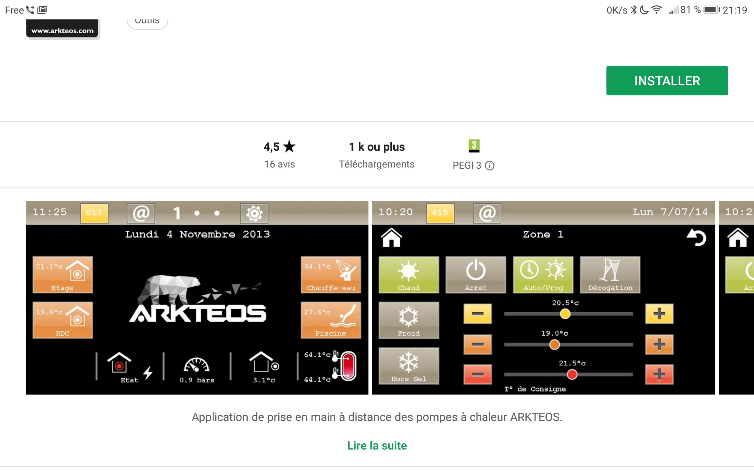 Application Android pour pompe à chaleur Arkteos GeoTwin 3 STD 08V