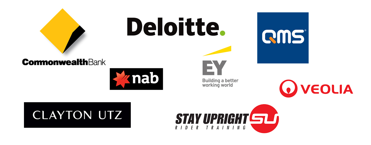 Commonwealth Bank, Deloitte, QMS, NAB, EY, VEOLIA, CLAYTON UTZ, STAY UPRIGHT RIDER TRAINING
