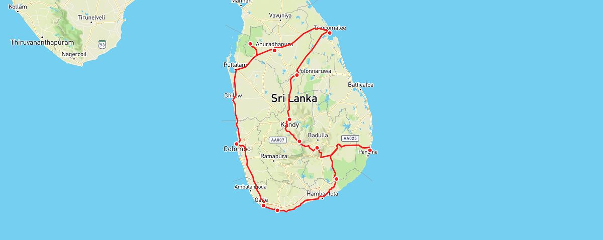 Sri Lanka road trip map