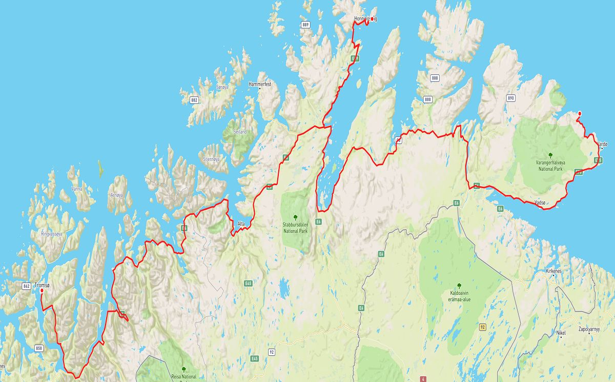 tromso to hamningberg road trip map
