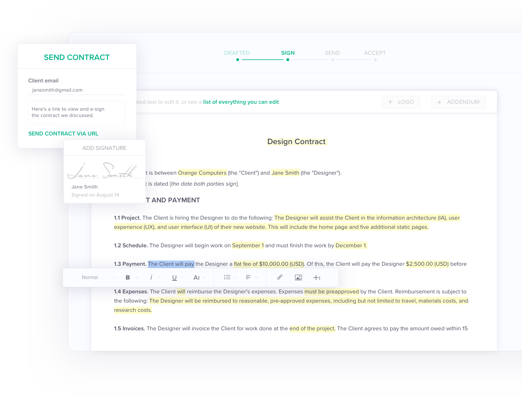 Freelance Contracts Create Send Sign Using Bonsai