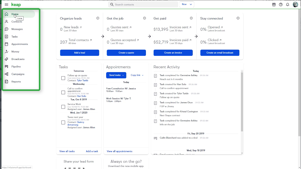 Keap dashboard