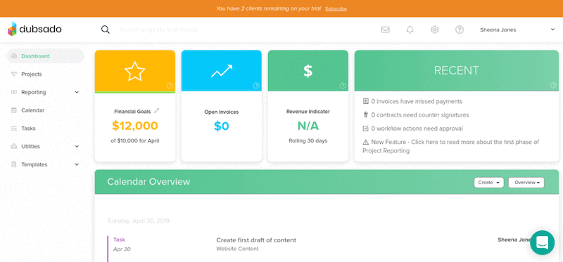 Dubsado dashboard and user homepage.