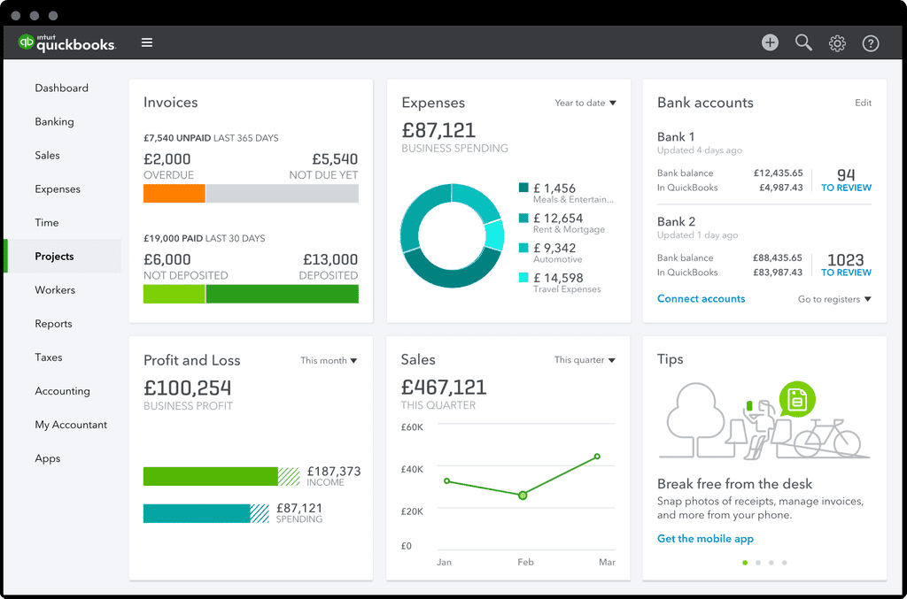 QuickBooks dashboard