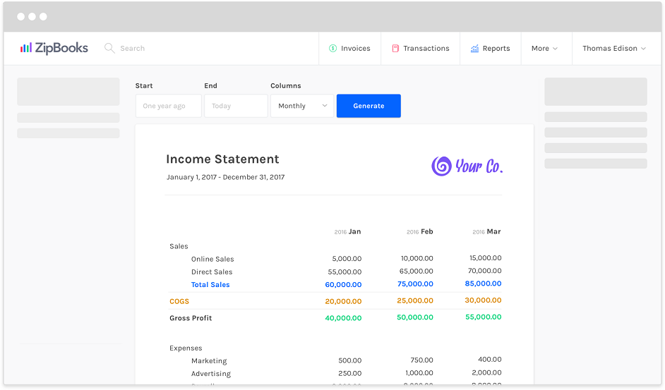 ZipBooks dashboard