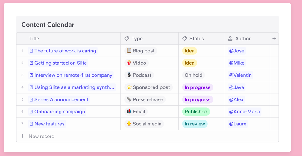 Slite content calendar knowledge hub