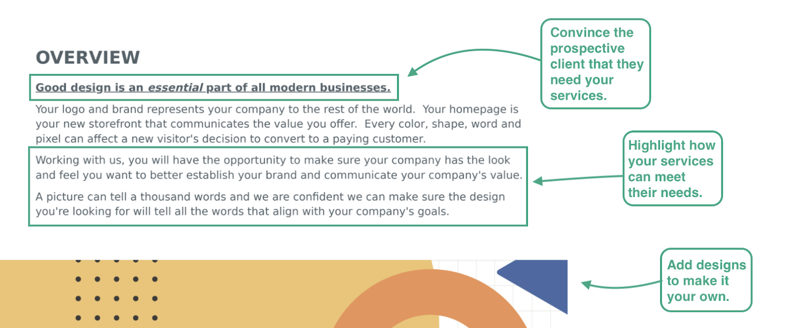 this picture shows Bonsai's graphic design proposal template  with annotations regarding winning over the client and expressing your worth in the opening pages of your proposal