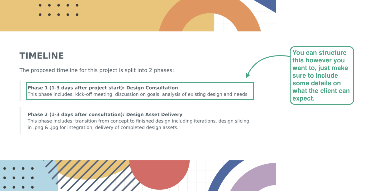 this image shows Bonsai's graphic design proposal template timeline section, where annotations highlight the importance of including details on the project's timeline
