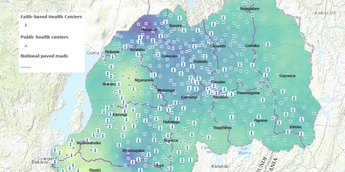 This visualization of Rwanda, constructed by AidData Fellow Joshua Okafor, illustrates the location of public and faith-based health centers and their proximity to paved roads, overlaid by a heatmap of contraceptive use. As the gradient moves from yellow to blue, levels of contraceptive use increase.