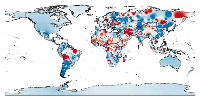 A heat map displaying IEG project performance ratings for all sub-nationally geo-referenced IDA and IBRD projects approved between 2001 and 2011.
