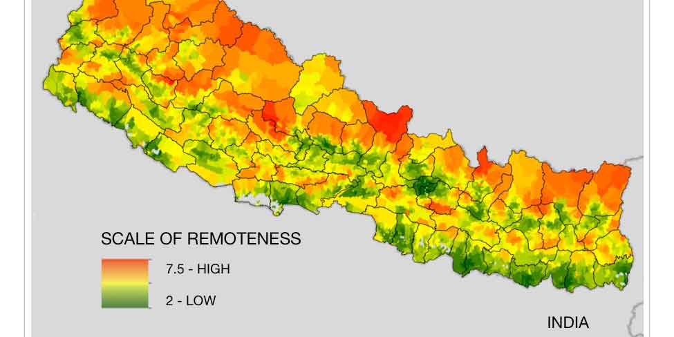 A map of the scale of remoteness in Nepal.