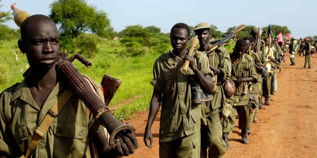 Soldiers of the Sudanese People's Liberation Army being redeployed in 2008 to form a new battalion with the Sudan Armed Forces in Manyang, Sudan.
