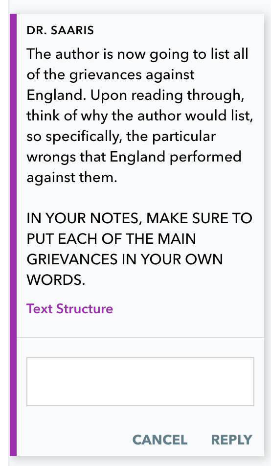 A teacher's instruction to annotate points in the text