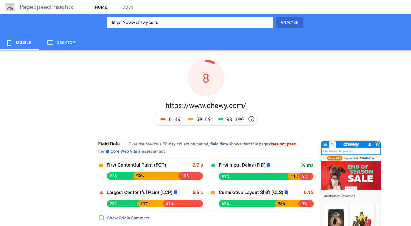 page speed results