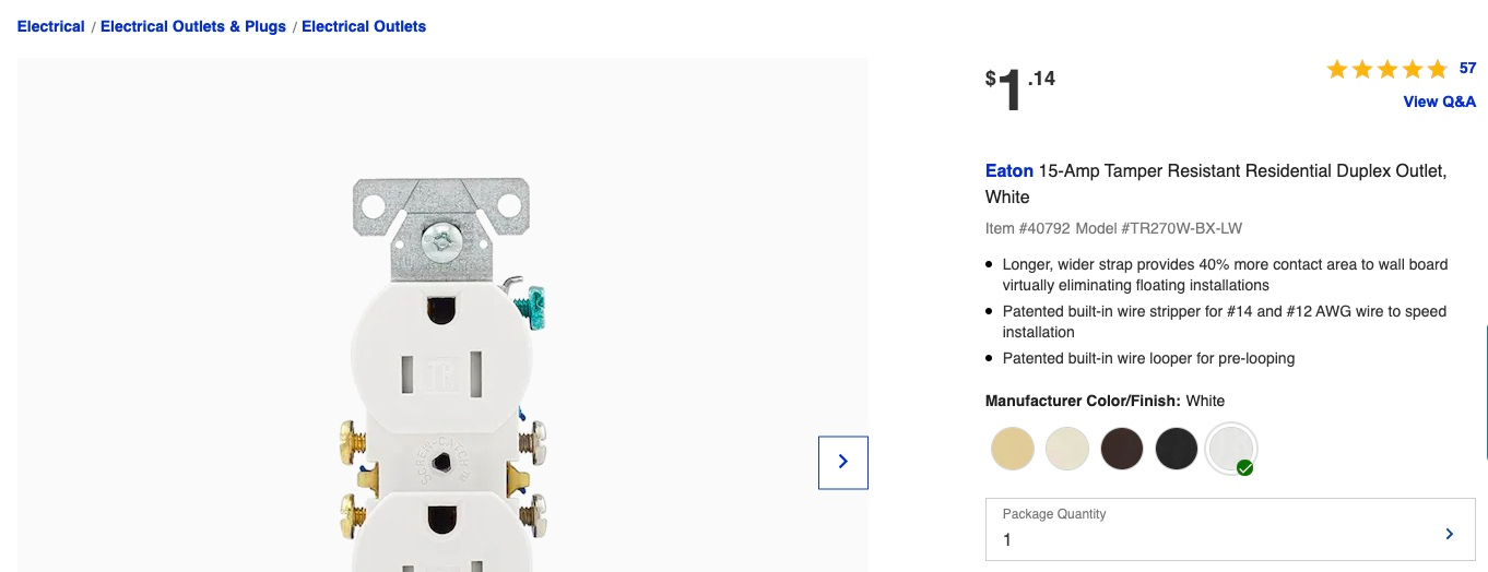 screenshot of electrical outlets on Lowes.com
