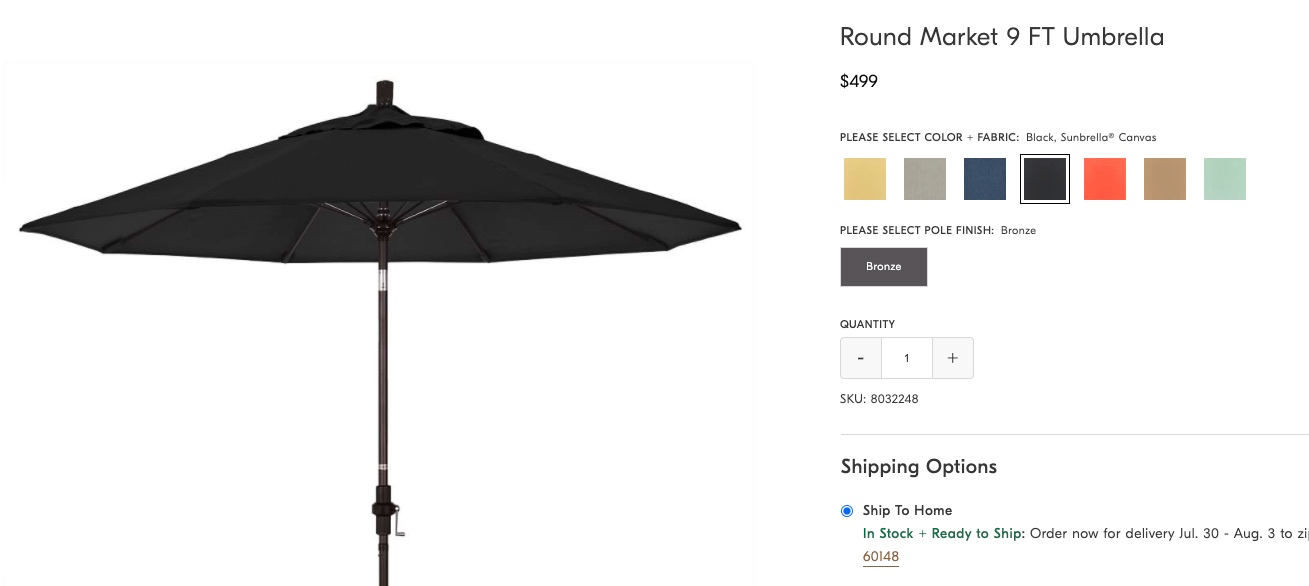 screenshot of patio umbrella on WestElm.com