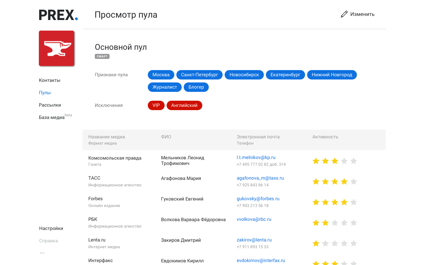 Пулы в PREX CRM
