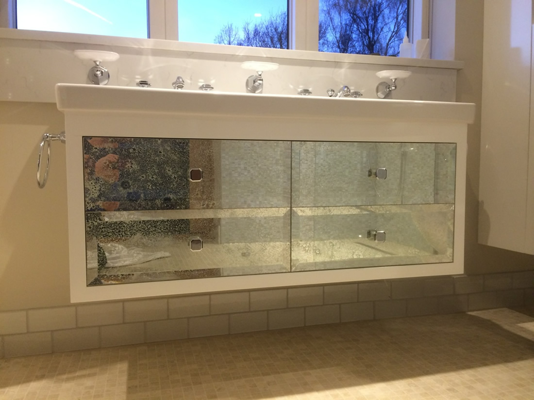 Antique Mirror Cabinet Drawers - Saligo Design Project White Vintage toughened antiqued mirror glass with bevelling and holes drilled for handles - Antique Mirror Cabinet Drawers - Saligo Design Project