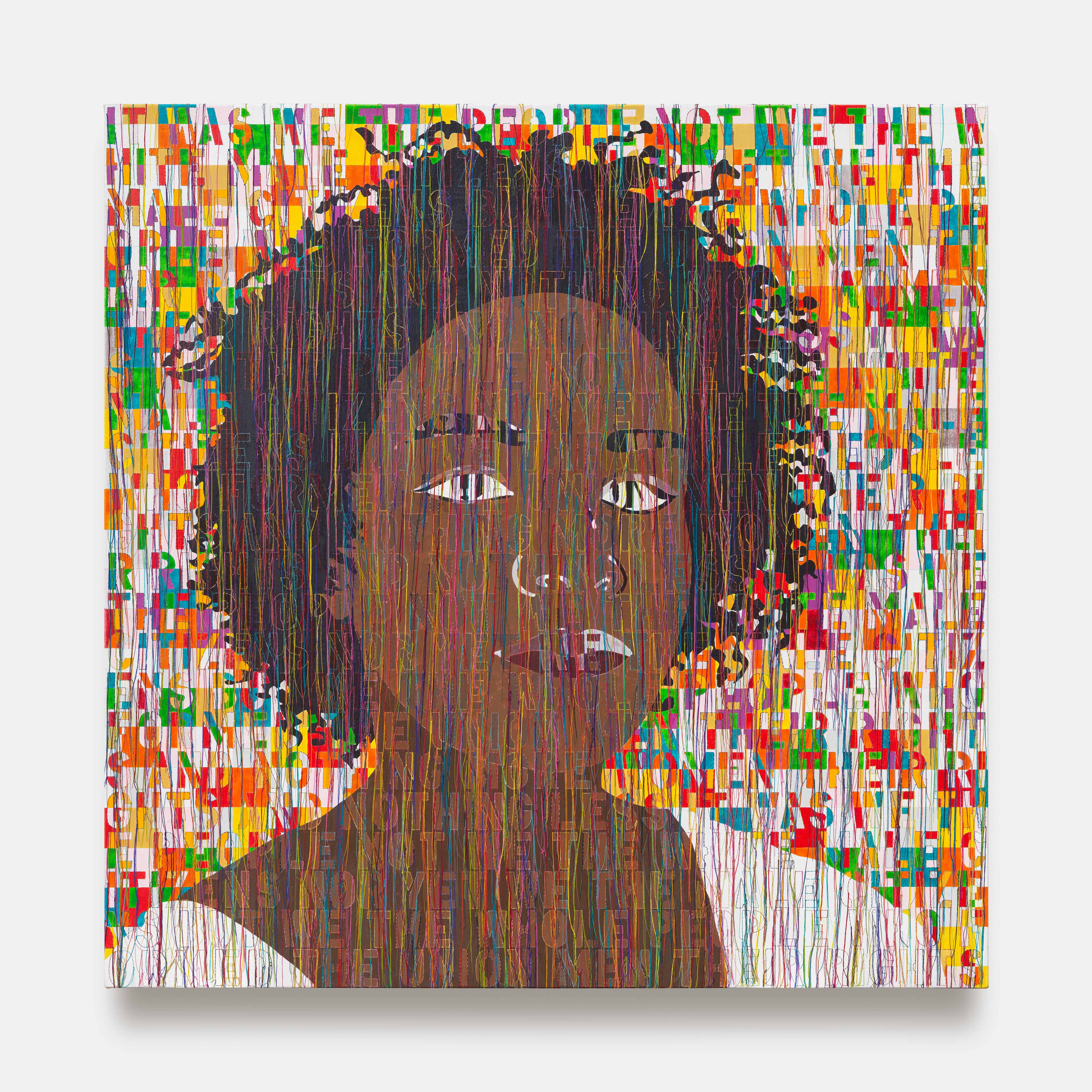 Ghada Amer, Portrait of Kamilah, 2020, Acrylic, embroidery and gel medium on canvas, 121,92 x 121,92 cm, © Ghada Amer / VG Bild-Kunst, Courtesy: KEWENIG, Berlin, Photo: Lepkowski Studios Berlin