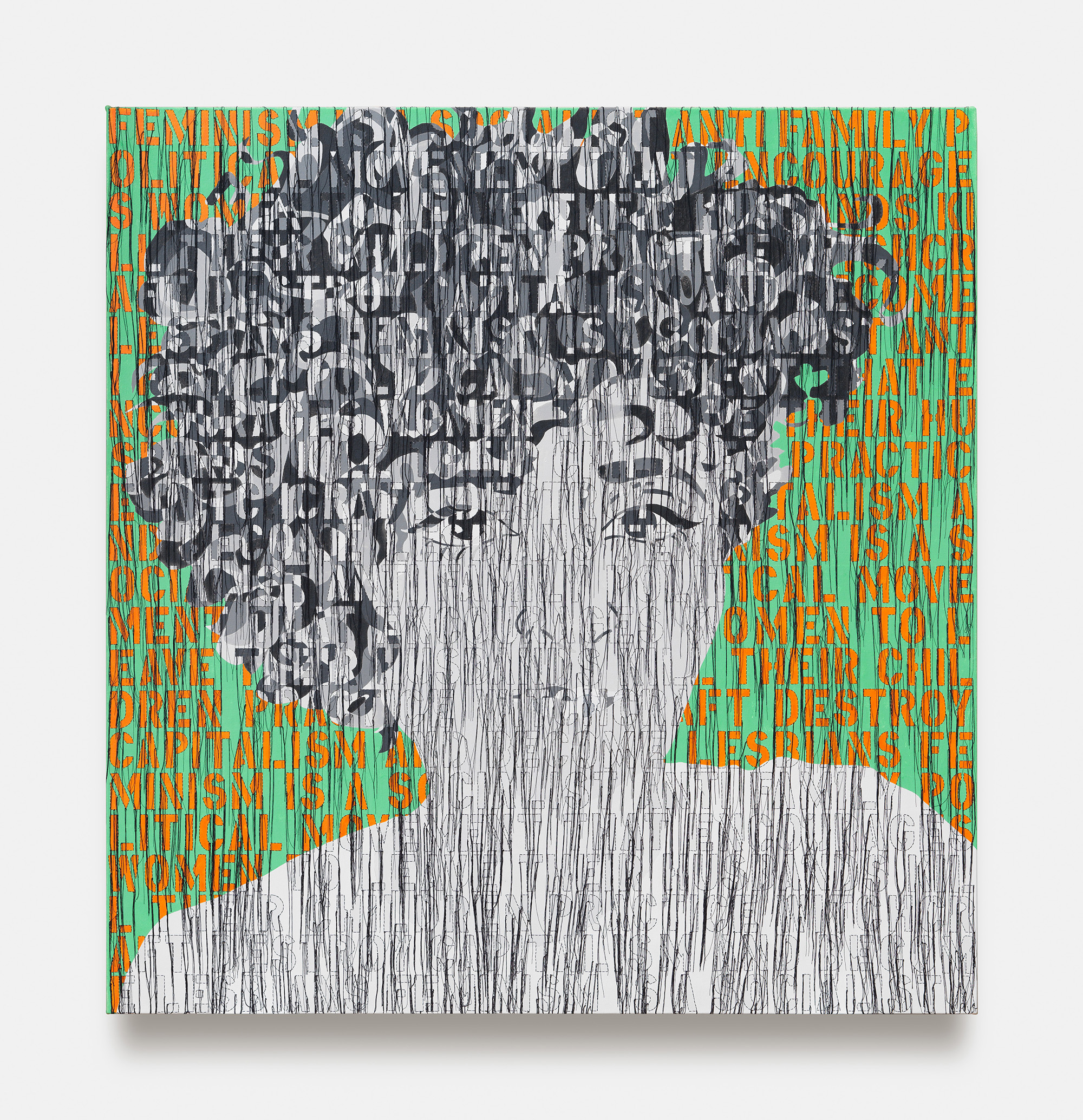 Ghada Amer, Self Portrait in Black and White, 2020, Acrylic, embroidery and gel medium on canvas, 127 x 121,92 cm, © Ghada Amer / VG Bild-Kunst, Courtesy: KEWENIG, Berlin, Photo: Lepkowski Studios Berlin