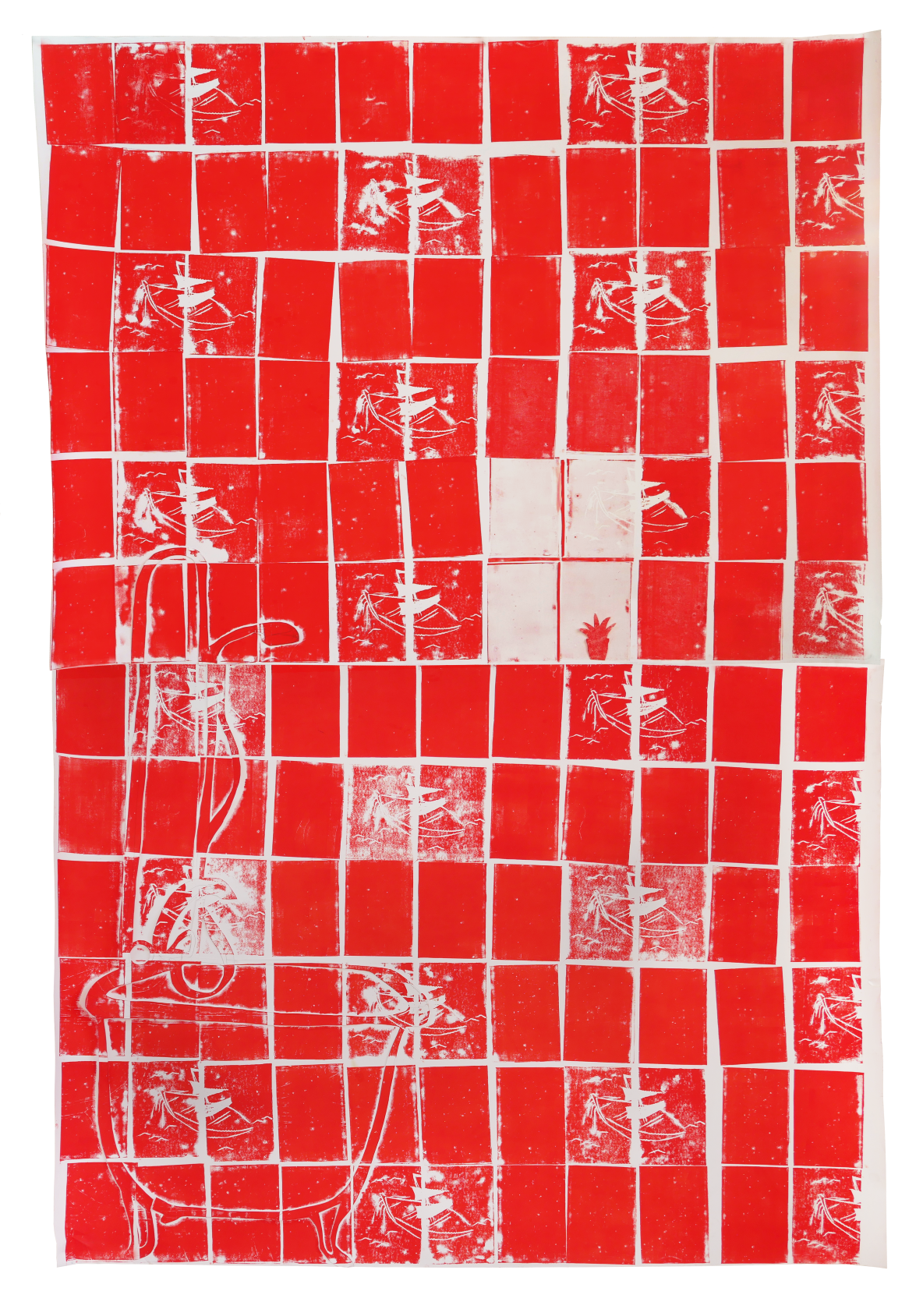 Anna Slobodnik o.T., Zyklus Fliesen, 2019, Linoldruck und Collage auf Papier, 260 x 180 cm, Courtesy: Anna Slobodnik