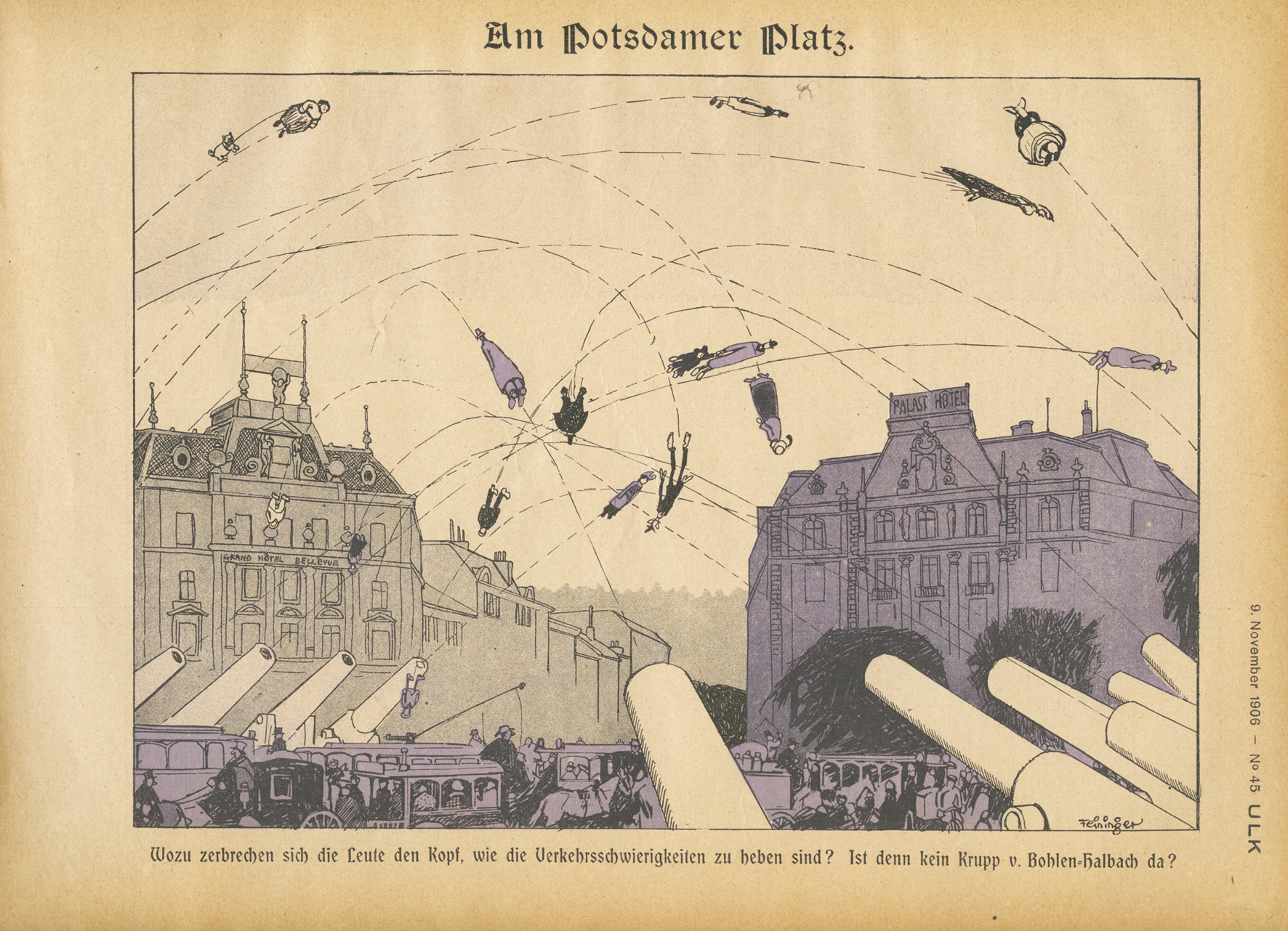 Lyonel Feininger, Am Potsdamer Platz, 1906, Zeitungsdruck, 22,5 x 30 cm, in: Ulk, 15. Jg., 9. November 1906, Nr. 45, S. 3, Privatsammlung © VG Bildkunst Bonn