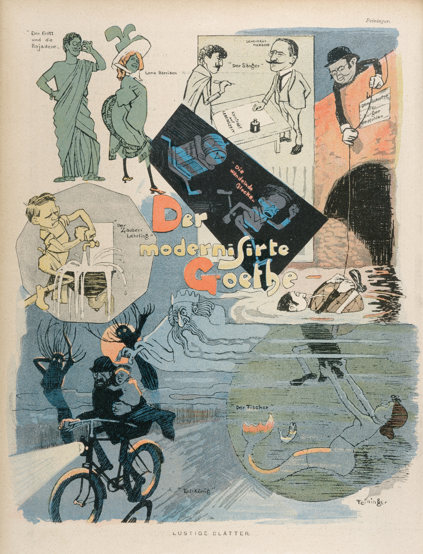 Lyonel Feininger. Der modernisierte Goethe, 1899. Zeitungsdruck, 31 x 24 cm, in: Lustige Blätter, XIV. Jg., 1899, Nr. 35, S. 10, Privatsammlung © VG Bildkunst Bonn