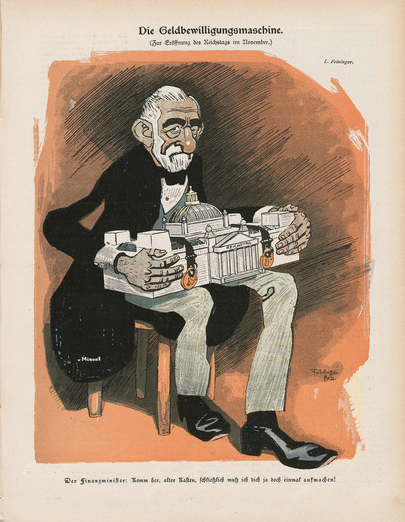 Lyonel Feininger, Die Geldbewilligungsmaschine, 1900, Zeitungsdruck, 31 x 24 cm, in: Lustige Blätter, XV. Jg., 1900, Nr. 45, S. 7, Sammlung Roland März © VG Bildkunst Bonn
