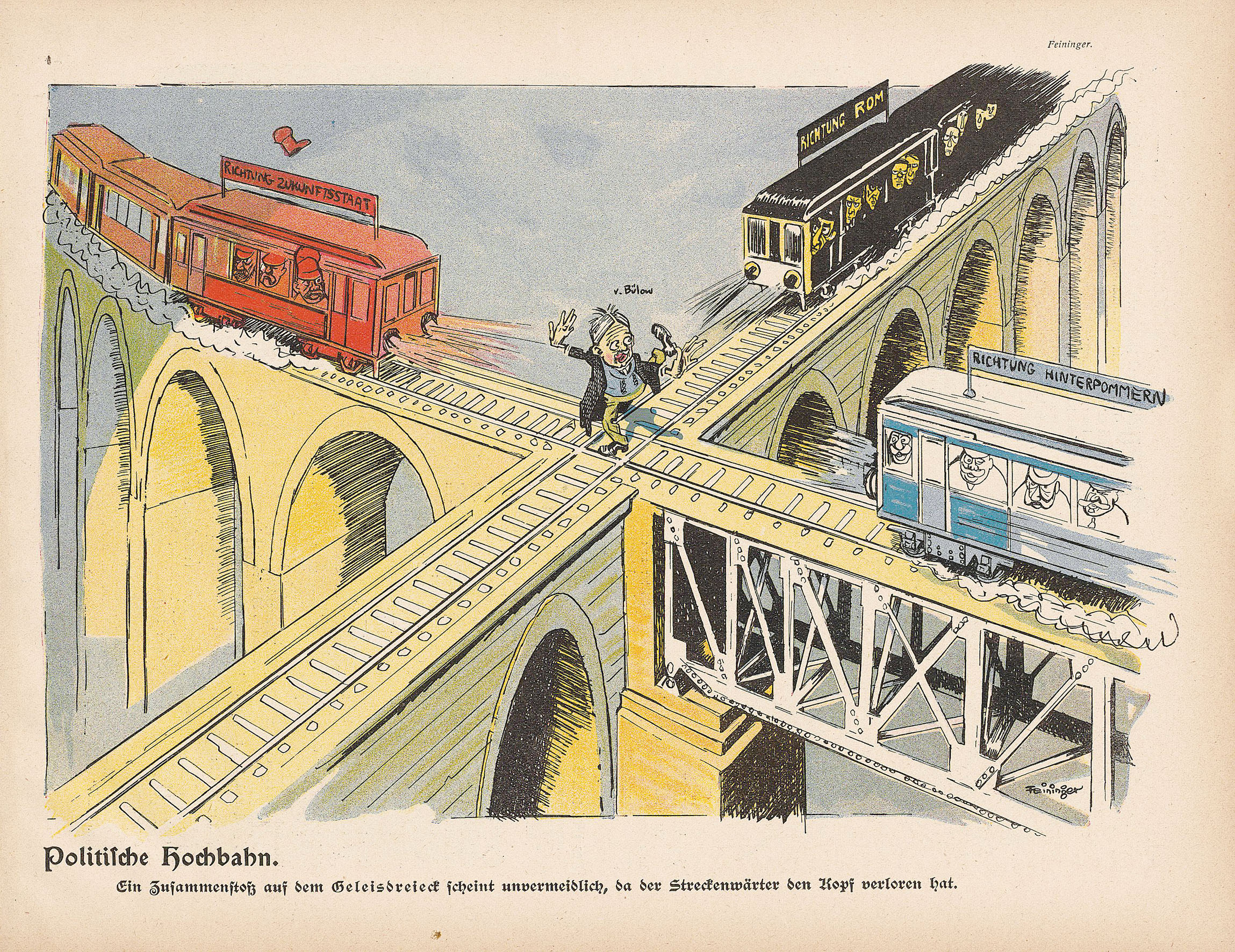 Lyonel Feininger, Politische Hochbahn, 1903, Zeitungsdruck, 31 x 24 cm, in: Lustige Blätter, XVIII. Jg., 1903, Nr. 51, S. 7, Sammlung Roland März © VG Bildkunst Bonn