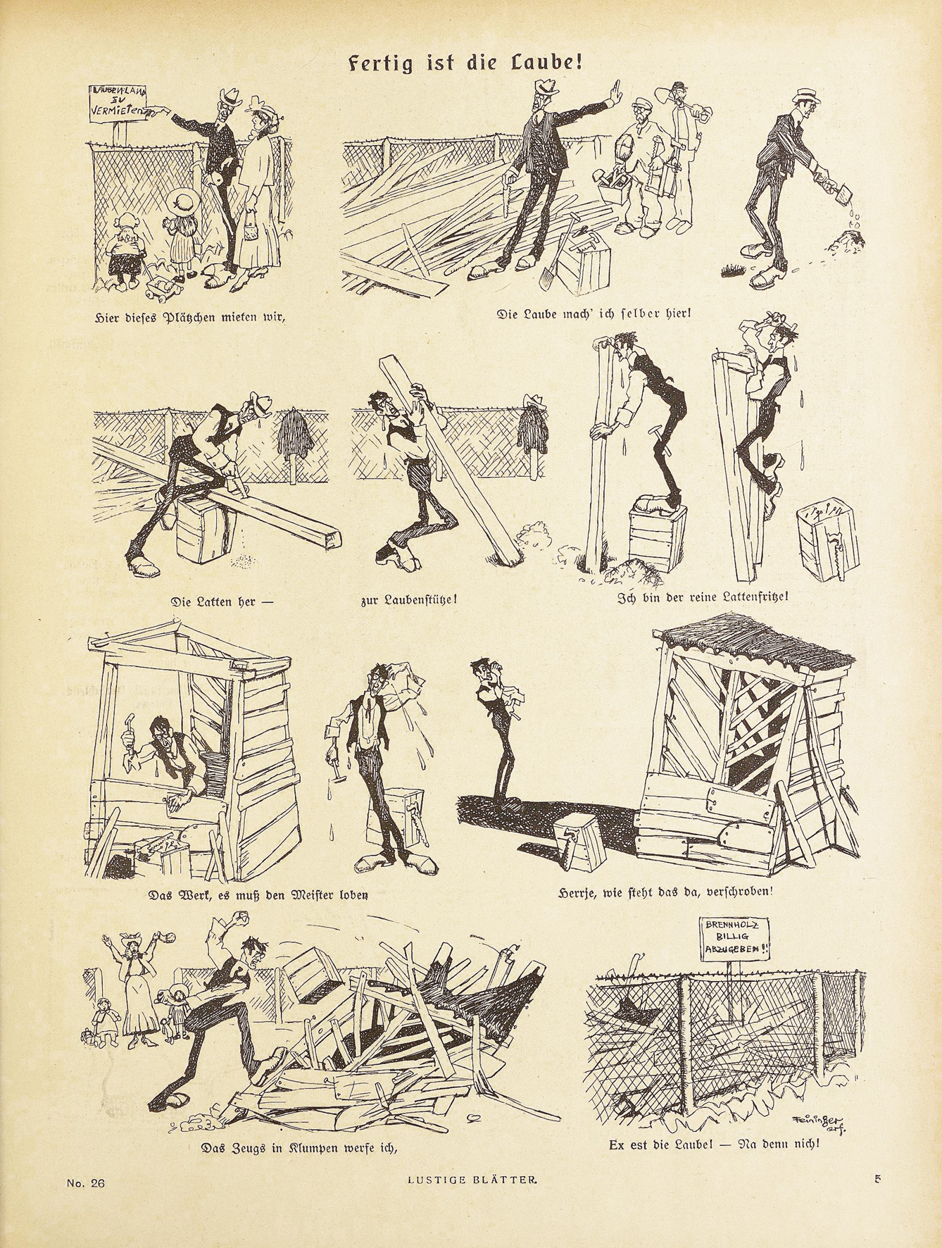 Lyonel Feininger, Fertig ist die Laube, 1905, Zeitungsdruck, 31 x 24 cm, in: Lustige Blätter, XX. Jg., 1905, Nr. 26, S. 5, Sammlung Roland März © VG Bildkunst Bonn