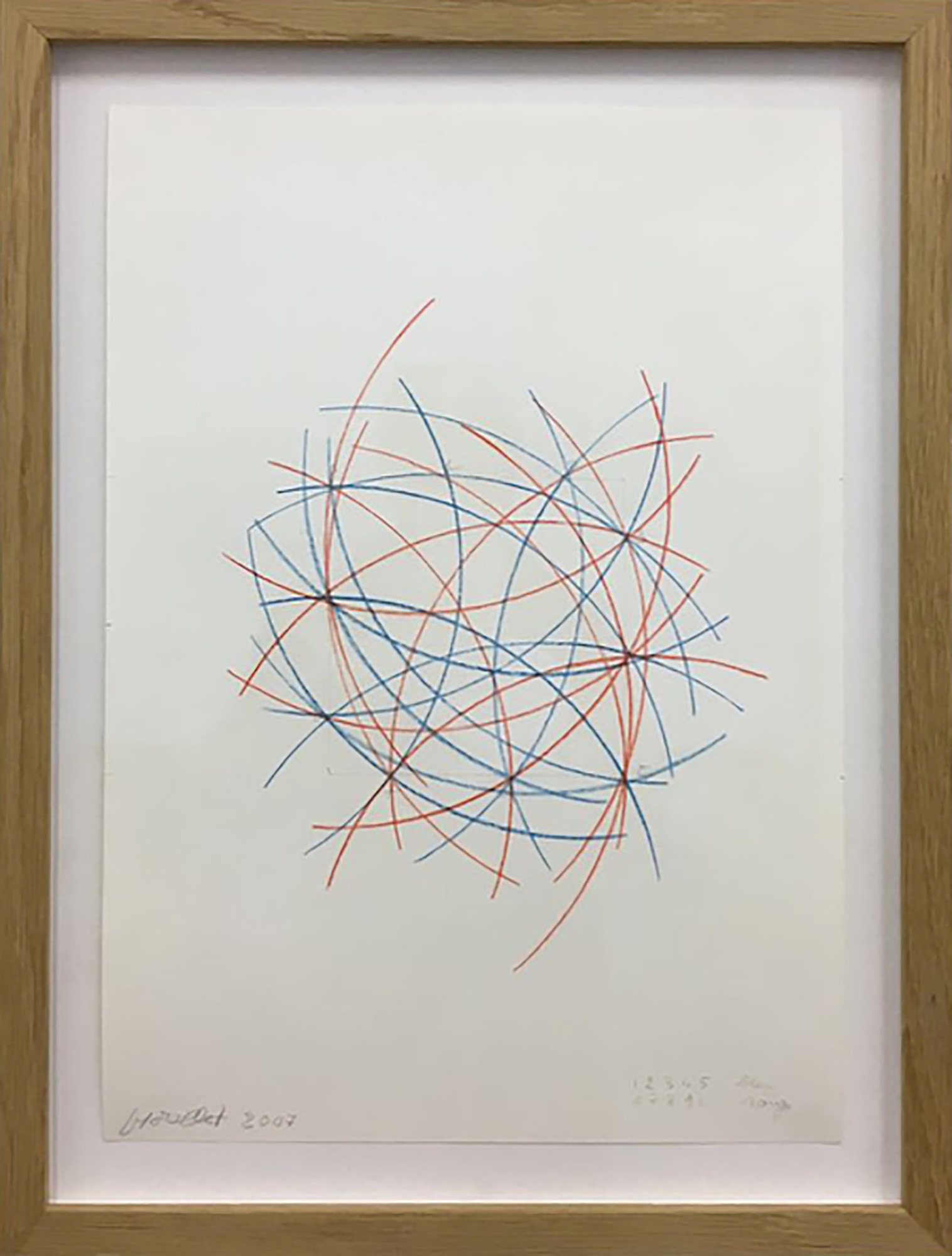 François Morellet, 1 2 3 4 5 Bleu, 6 7 8 9 0 Rouge, 2007, Grafit und Buntstifte auf Papier, signiert, datiert, 42 x 29,7 cm, 50 x 37,6 cm Courtesy Estate Morellet and Galerie Hervé Bize, Nancy