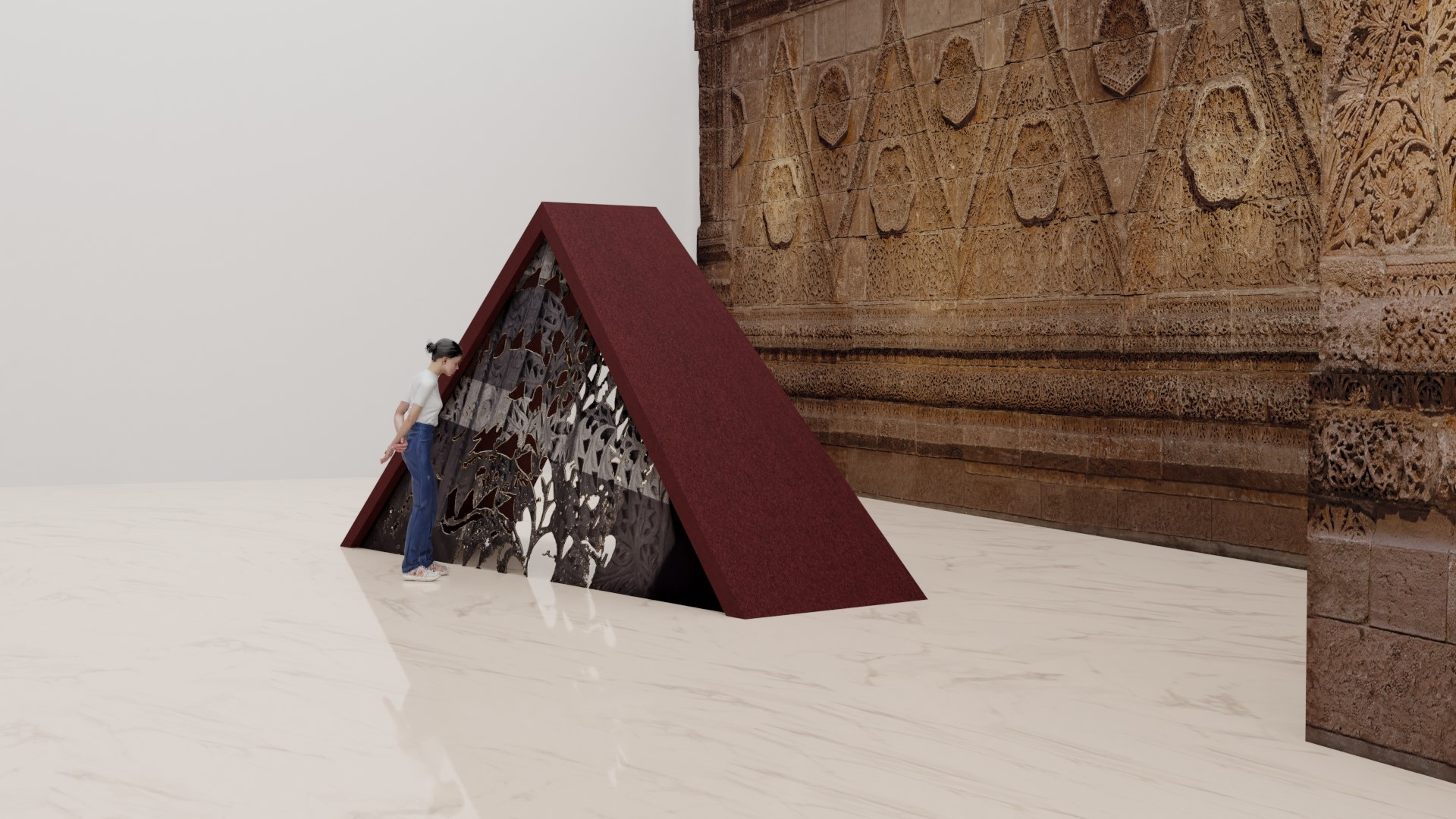 Ali Kaaf, Ich bin Fremder. Zweifach Fremder, rendering / Pergamonmuseum, Mschatta-Saal © Ali Kaaf
