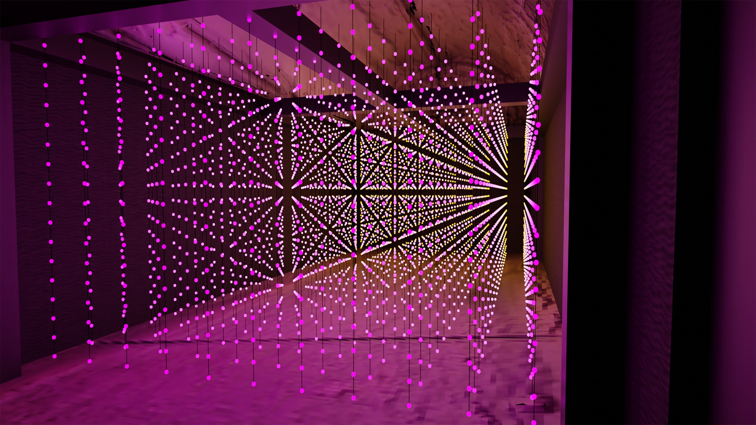 Squidsoup, Submergence 2013-22, LED-Stränge, Lautsprecher, Computer 4,5m x 9m, 3m © Squidsoup 2022, Foto: Paul Blakemore/Watershed