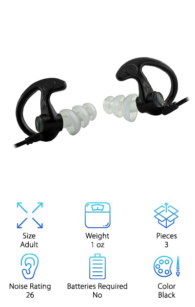 There’s a lot to love about the SureFire EP5 Sonic Defenders. One of the best things about them is how comfortable they are. The triple-flanged stems are designed to fit a range of different ears sizes. Plus, they’re soft and comfortable so you can wear them for long periods of time. If you want to wear them with a hat, helmet, or muffs, the low-profile design lets you do just that. They’ll block out the loud, dangerous noises that could potentially damage your hearing while allowing you to hear conversations and ambient sounds around you. They come in 3 different sizes, too, if you were looking for something with a better fit. You can get small, medium, or large. And keep in mind, they each have the triple-flanged system for the best fit possible.