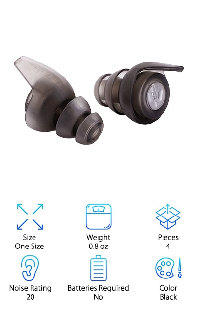 If you’re looking for simple ear plugs that don’t require batteries, the Westone Universal Fit ear plugs are a good option for you. There were actually designed for use in music venues to filter out the damaging noise levels while making sure the music sounds good. That’s why they’re great for shooting, they’ll block out the damaging noises but keep the rest of the world around you sounding great. They’re really comfortable, too. The environmentally-friendly materials are soft and flexible so you can wear them for hours at a time. They’re also ventilated to air can pass through, a great feature to have if you’re hunting outside in hot weather. You’ll get 2 different sets of ear tips, large and medium, so you can get the perfect fit.