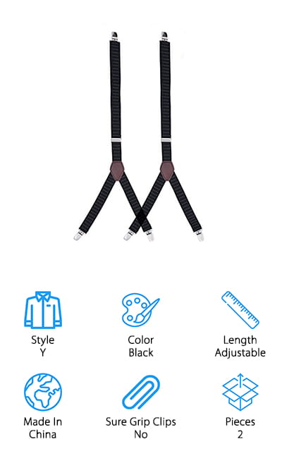 The elastic that Ying Mao Rong uses in its shirt stays is thick and long lasting but, don’t worry, it’s still comfortable against your skin. These stays truly look like suspenders that are made to keep your shirt tucked in. They’re adjustable and can fit just about any height or build. If you’re looking for women’s and men’s shirt stays that can tolerate being worn every day and handle regular trips through the washing machine, you have to check out Ying Mao Rong Stays. They’ll stay in place, too. The metal clips have plastic teeth to help them get a good grip on your shirt and work well with a variety of materials. Plus, they won’t cause any damage to the material. They’re pretty stylish looking, too, and come in blue if that’s a better fit for you.