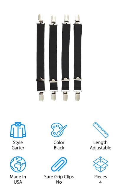 While these Hero’s Pride Shirt Stays are technically garter style, they’re a little different from all the other stays we’ve looked at so far. What do we mean by that? They have the simplest design that we’ve come across. They’re a straight strap with a clasp on either end. One attaches to your shirt tail and one to your sock. That’s it. If you like the idea of shirt stays but want something that’s as unobtrusive as possible, these are a good choice. That’s not all, you actually get 4 stays with this set and they’re all adjustable so you can get the right fit. Use 2 at a time and swap them out to extend the life of each or, if you want some extra support, you could always use 2 at the same time.