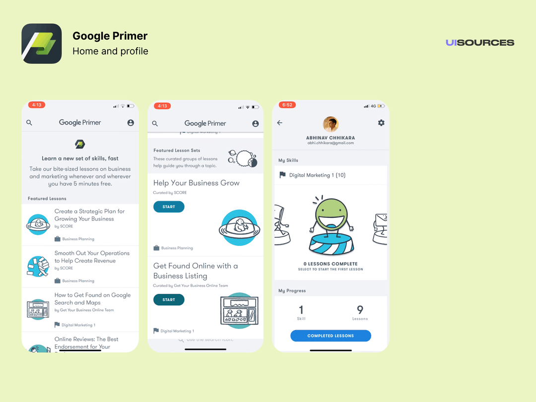 Google Primer App Learn marketing, fast UI Sources