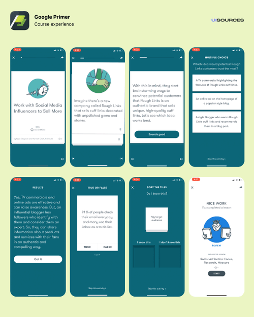 Google Primer App Learn marketing, fast UI Sources