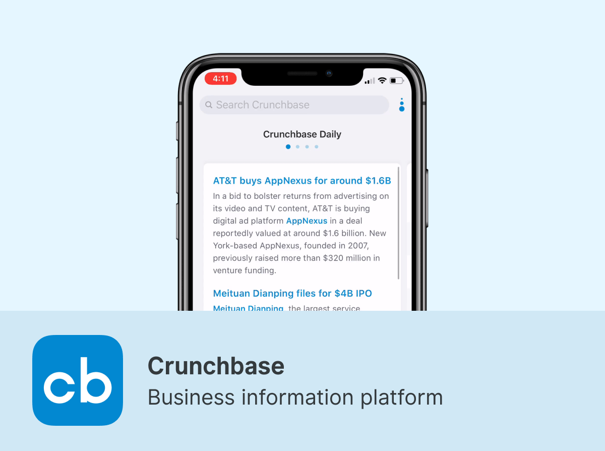 Crunchbase App Business information platform UI Sources