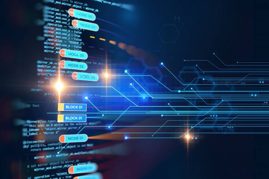 Block chain network and programming concept on technology background