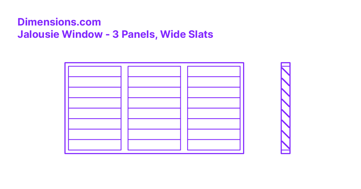 Jalousie Window 3 Panels, Wide Slats Dimensions & Drawings