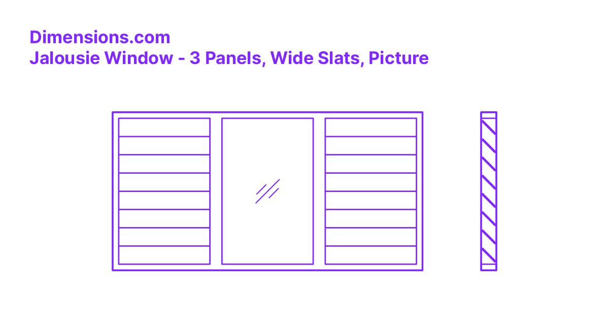 Jalousie Window 3 Panels, Wide Slats, Picture Dimensions & Drawings