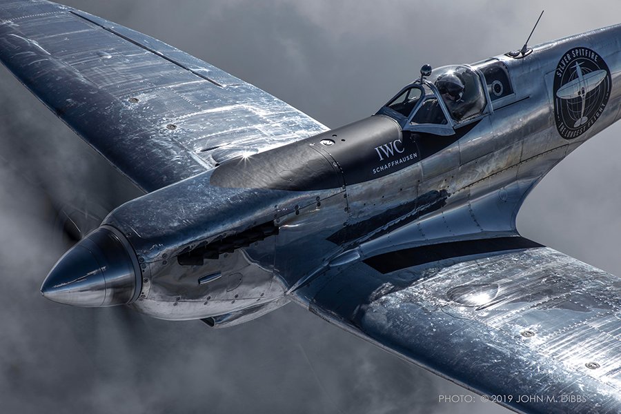 Silver Spitfire close up in the sky