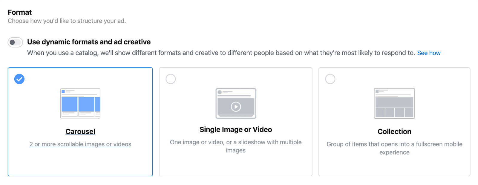 Setting ad format in Facebook Ads Manager