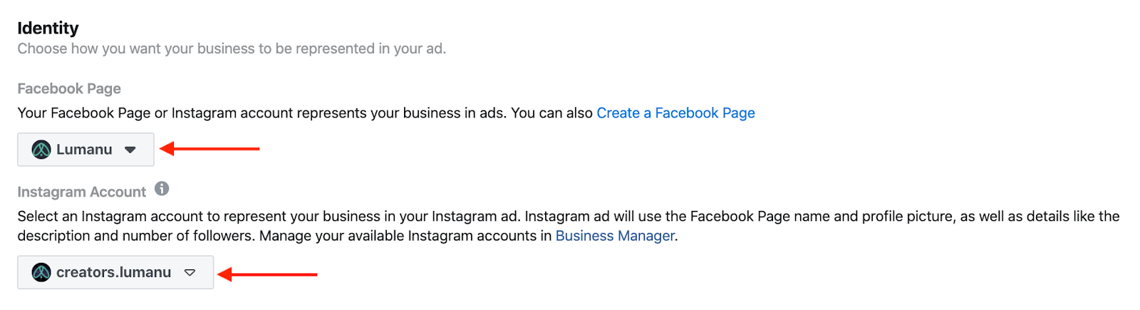 Setting ad identity in Facebook Ads Manager