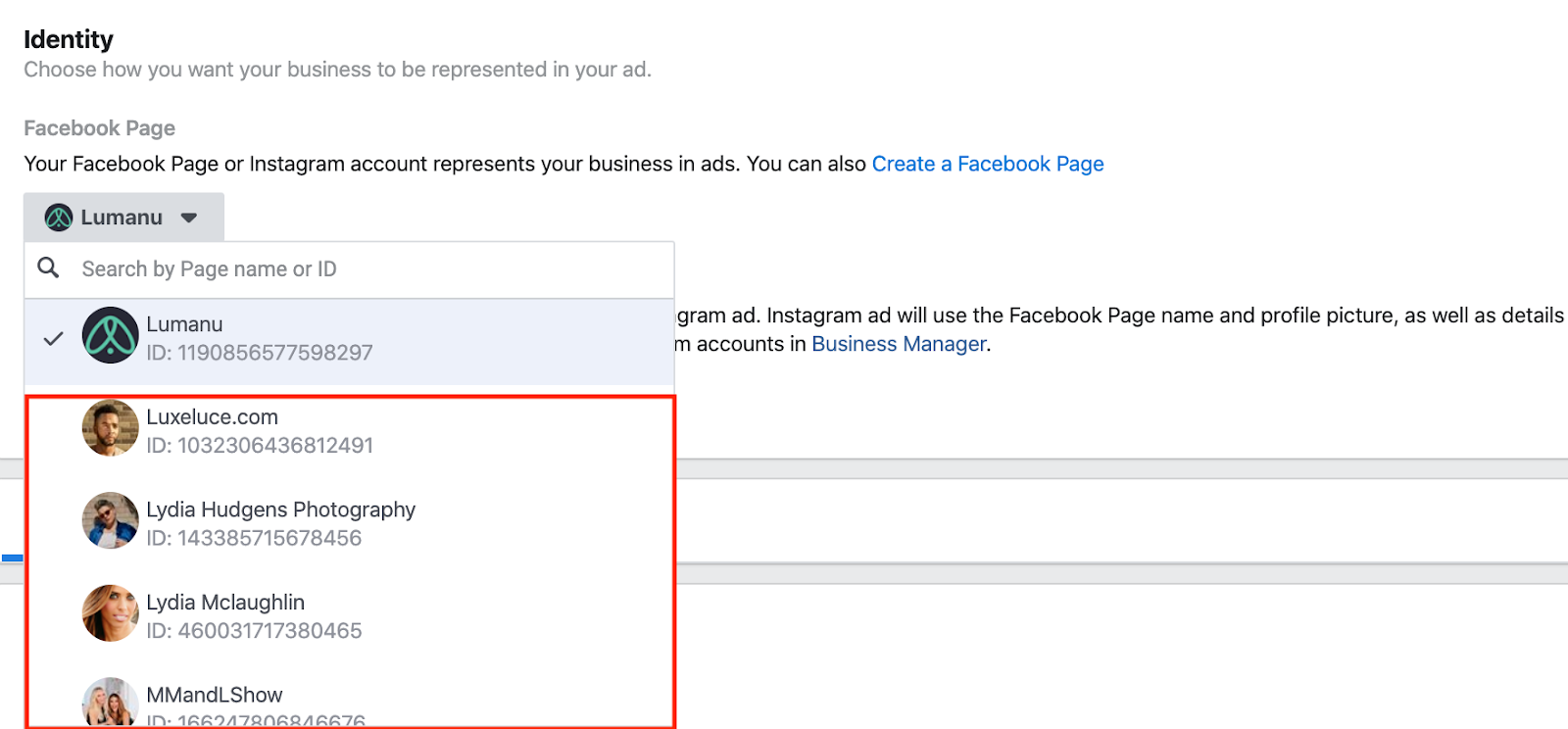 Setting ad identity as influencer in Facebook Ads Manager