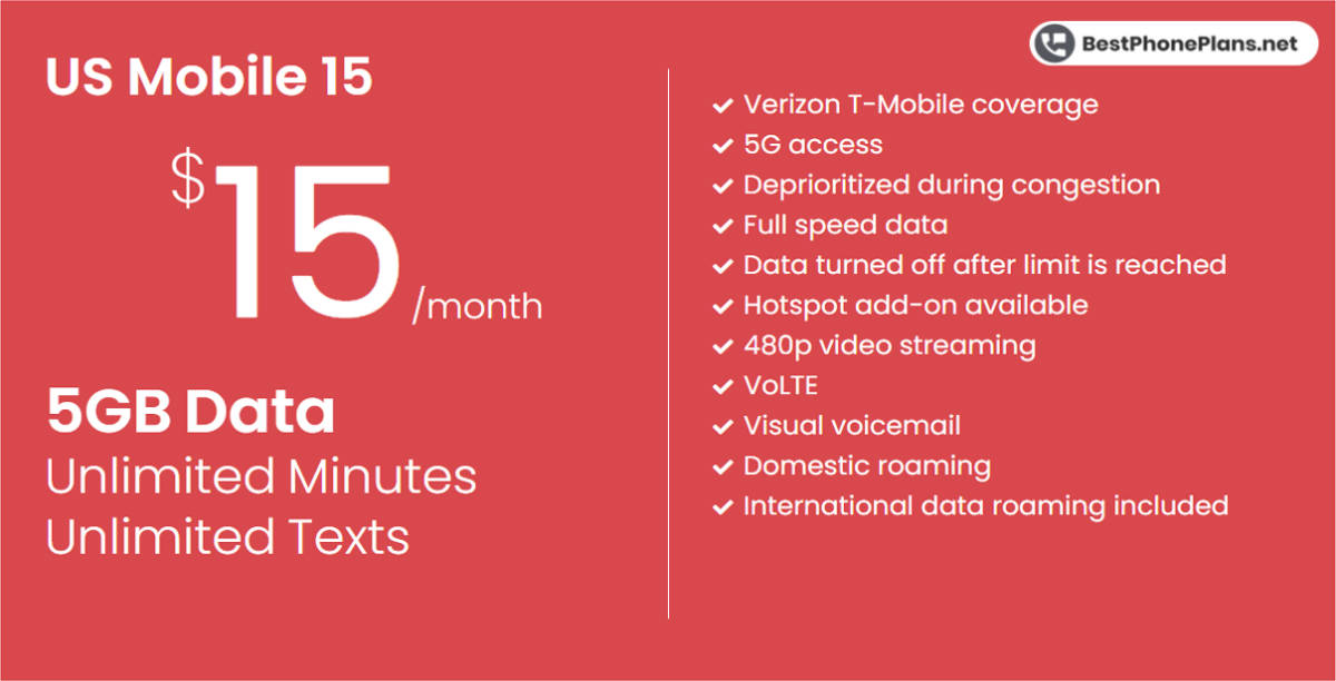 US Mobile fifteen dollar 5GB plan