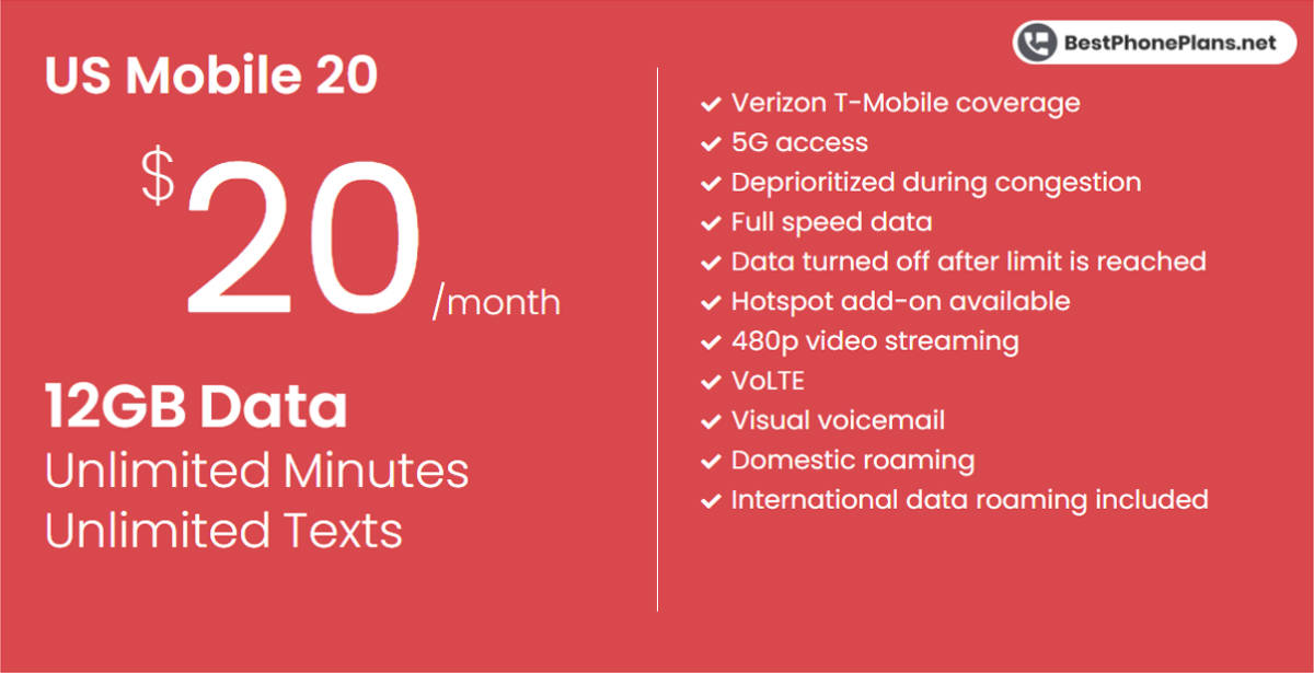 US Mobile twenty dollar 12GB plan