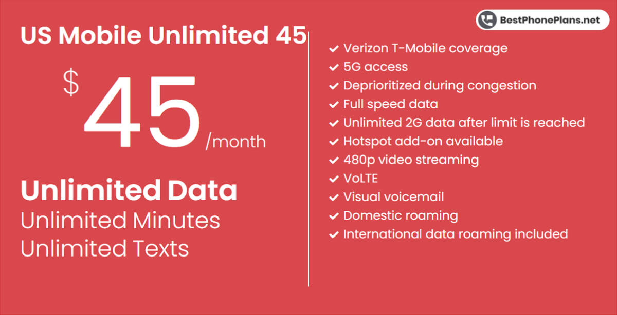 US Mobile forty five dollar unlimited plan